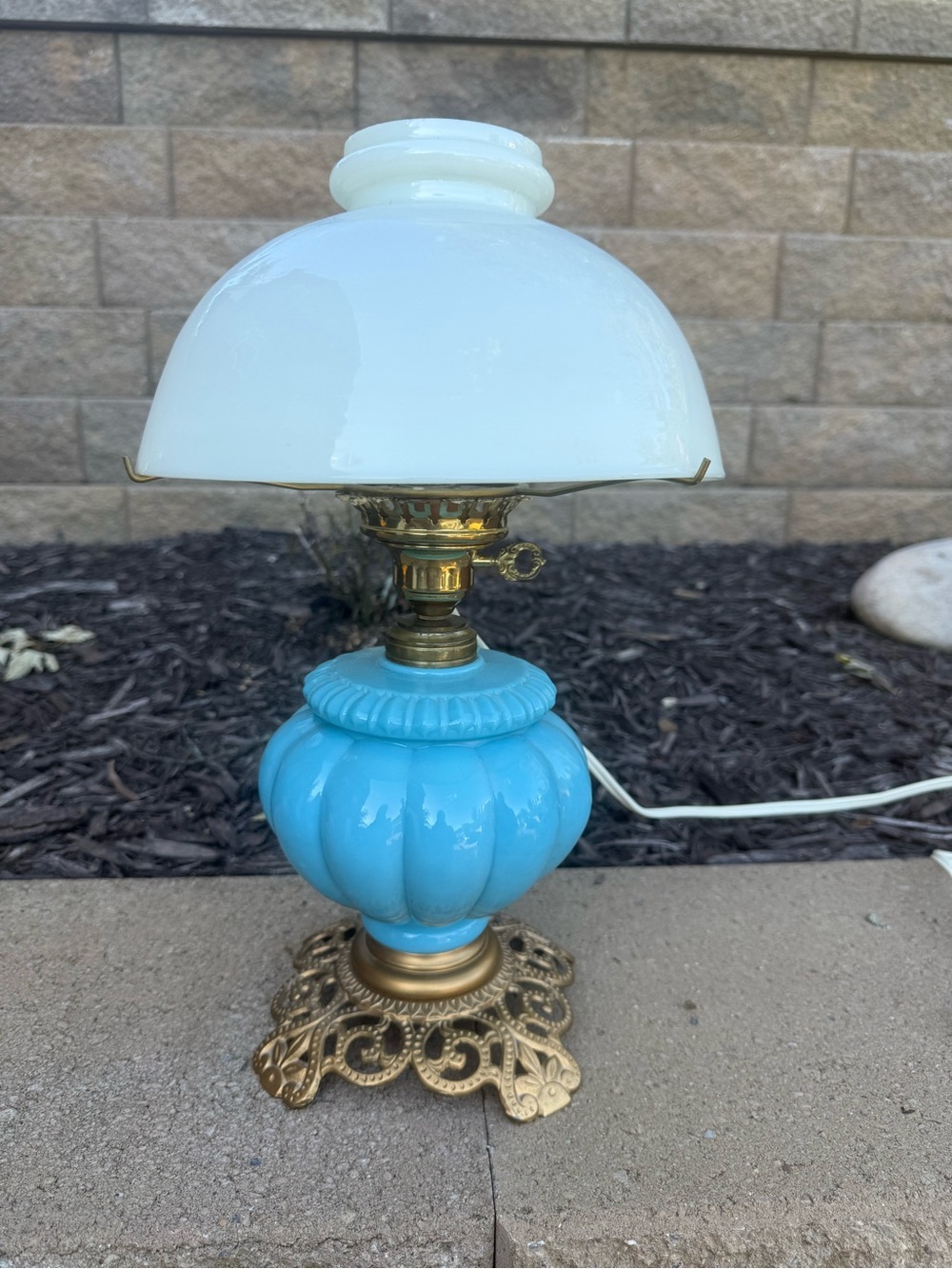 Antique Turquoise/blue white gold Glass Kerosene Lamp, Converted Electric